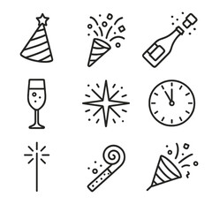New Year Icons. Line style icons of New Year&rsquo;s Celebration: party hat, confetti, champagne bottle, champagne flute, fireworks