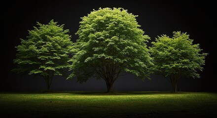 Fototapeta premium Three Green Trees in Night Scene Illuminated by Spotlight
