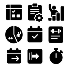 Training Plan Icons. Solid style icons of training plans: weekly schedule, custom program, progress level, split routine, workout