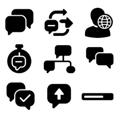 Conversation Icon Set. Solid style icons of conversation mode: chat bubbles, speech exchange, talk timer, native speaker icon,