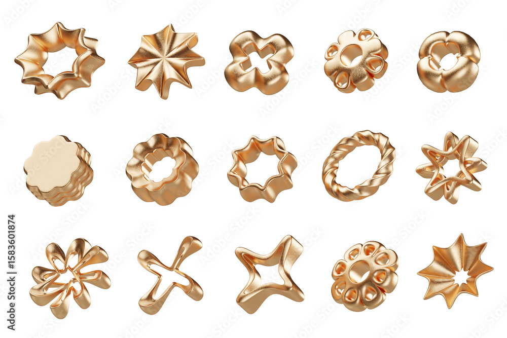 Poster Golden object geometry shape collection set isolated background 3d rendering	
