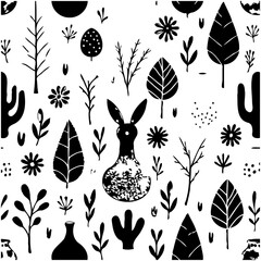 Whimsical black and white seamless pattern with nature elements for textile design