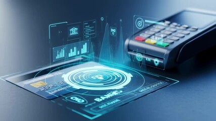 Contactless payment transaction occurring between a credit card and a point of sale terminal, with holographic digital banking data displayed - Powered by Adobe