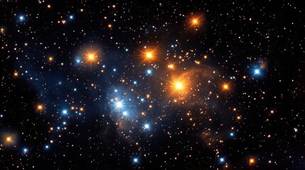 Obraz premium A dark background with numerous stars- some of which emit yellow and blue light- forming an array of star clusters in space.