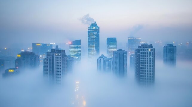 City skyline piercing a hazy morning mist