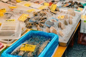 Osaka, Japan - may 7, 2025 Kuromon Ichiba fish market