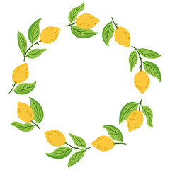 Lemon wreath hand drawn in colorful style with green leaves and yellow fruits on white background. Concept of summer freshness, citrus theme and natural decoration