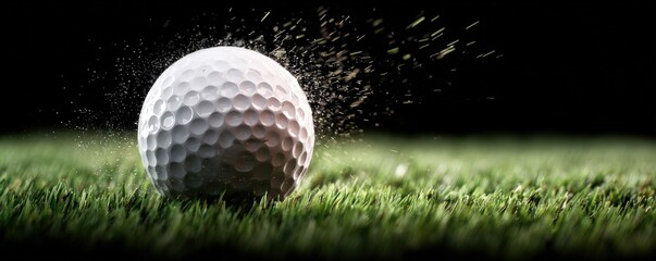A close-up of a golf ball hitting the grass with dirt and grass particles flying in the air, highlighting motion and texture.