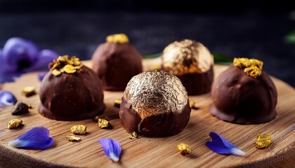artisanal chocolate truffles with gold leaf and edible flowers on a wooden board