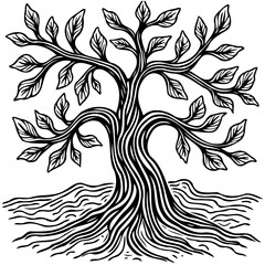 Artistic black and white illustration of a stylized tree with intricate branches
