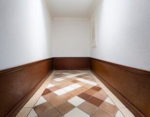forced perspective of a white wall with brown trim and tile floor