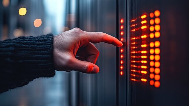 Close-up hand pushing elevator button. Red lights glow