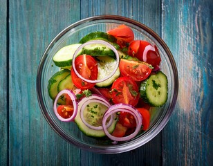 refreshing cucumber tomato and red onion salad in a glass bowl on wooden table