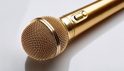 close up shot of a single gold microphone on white object background