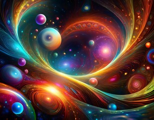 cosmic symphony an entrancing fractal artwork presents a kaleidoscope of swirling nebulas and ethereal bubbles dancing in a deep space of cosmic wonder