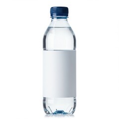 Fototapeta premium Clear plastic water bottle with blue cap and blank label isolated on white background