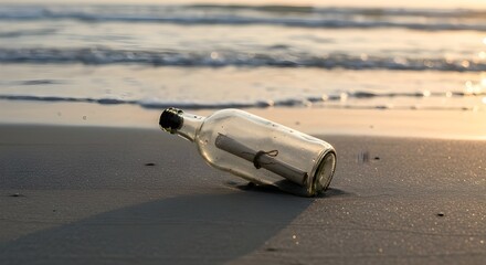 Obraz premium Glass bottle with a message washed ashore, resting on wet sand, early morning light, concept of mystery, hope, and discovery.
