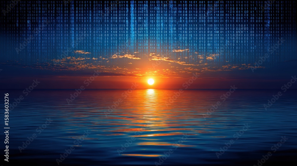 Poster a digital sunset over a calm ocean combines natural beauty with binary code, symbolizing the fusion 