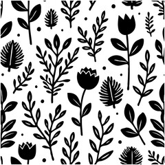 Seamless botanical pattern with floral elements illustration in black and white