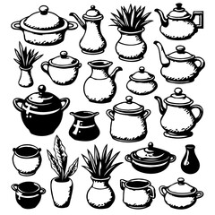 Collection of Hand-Drawn Kitchenware and Home Decor Illustrations on White Background