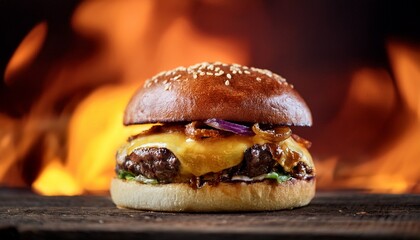 a delectable gourmet burger featuring a succulent patty melted cheese crispy fried onions and a toasted sesame seed bun all resting on a rustic wooden surface against a blurred fiery background