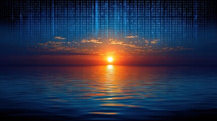 A digital sunset over a calm ocean combines natural beauty with binary code, symbolizing the fusion of technology and nature.