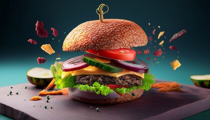 deconstructed burger an artful and appetizing view of a burger disassembled to showcase the fresh vibrant ingredients and the artistry of food presentation