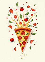 A vibrant watercolor illustration of a pizza slice with melting cheese, flying tomatoes, and basil leaves against a light background. Delicious Italian food art.