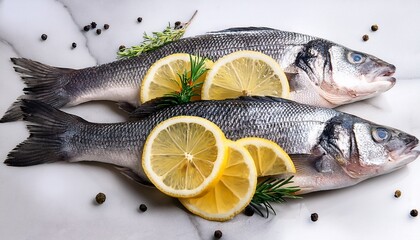 two raw sea bass with lemon and herbs sea bass with spices and lemon slices