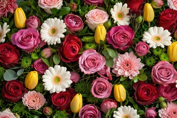Fototapeta premium A Vibrant Arrangement of Colorful Flowers Featuring Roses, Tulips, Daisies, and Gerberas Perfect for Celebrations and Floral Displays