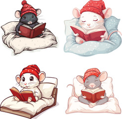 Cute rat character reading book on bed wearing redsleeping cap relaxing indoors vector style on white background