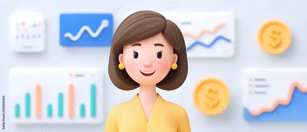 Poster a smiling animated woman in yellow stands in front of floating charts and dollar symbols representin