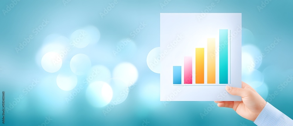 Poster a hand holds a transparent card displaying a colorful ascending bar chart against a soft blue bokeh 
