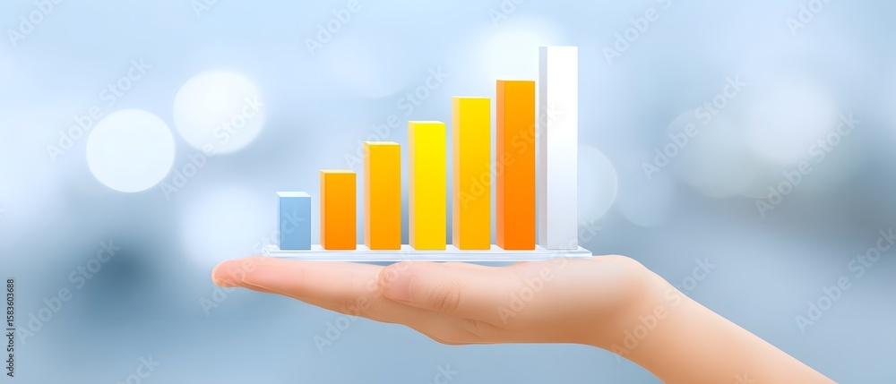 Poster a hand holds a 3d bar graph with ascending orange and white bars, symbolizing growth or progress aga