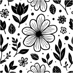 Seamless black and white botanical pattern featuring floral and foliage designs