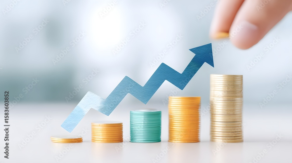 Poster stacked coins in ascending order with a blue arrow showing financial growth and a hand placing a coi