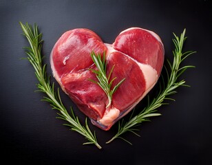 heart shaped raw meat adorned with fresh rosemary sprigs a culinary image showcasing the beauty of simple ingredients