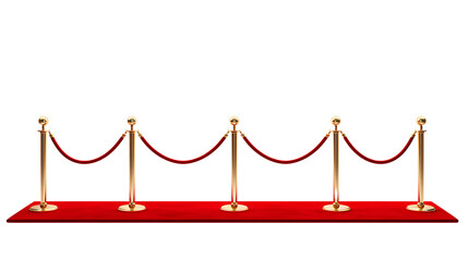 Luxury red carpet with golden stanchions velvet rope elegant event entryway for gala party or vip access decor isolated on transparent background