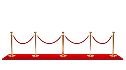 Luxury red carpet with golden stanchions velvet rope elegant event entryway for gala party or vip access decor isolated on transparent background