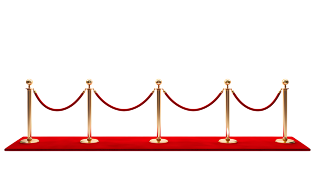 Luxury red carpet with golden stanchions velvet rope elegant event entryway for gala party or vip access decor isolated on transparent background