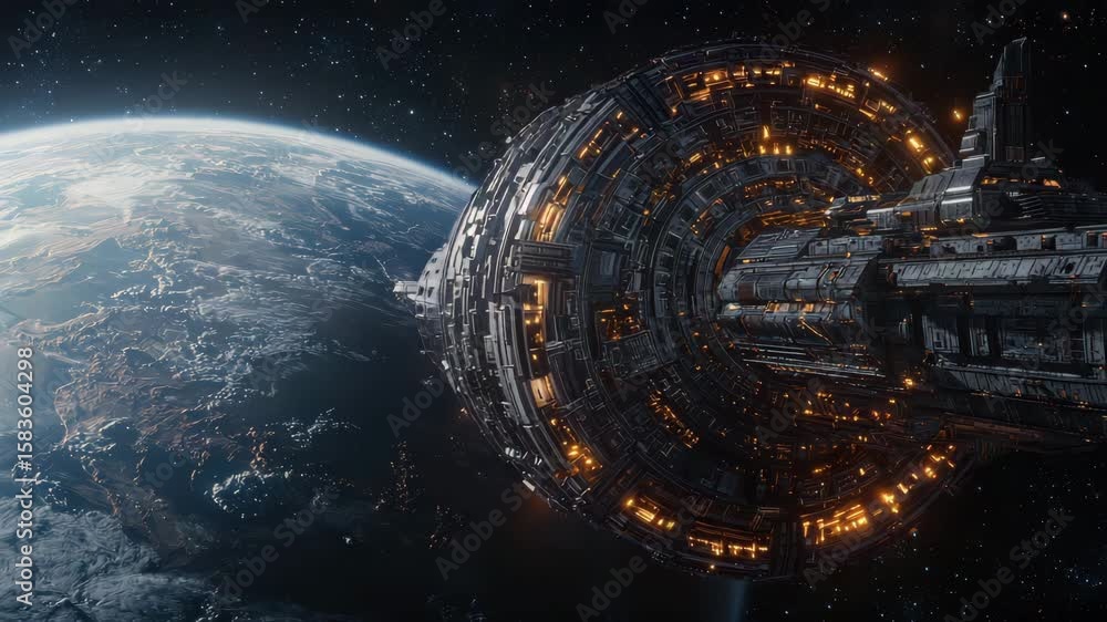Aufkleber futuristic spaceship and space station orbiting earth with glowing lights in outer space, advanced t