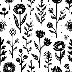 Elegant floral pattern design featuring stylized plants in a monochrome black and white color palette