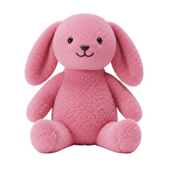 A cute, fluffy, vibrant pink plush bunny rabbit toy with a sweet stitched smile and floppy ears, sitting on a transparent background with soft studio lighting, concept of childhood innocence and
