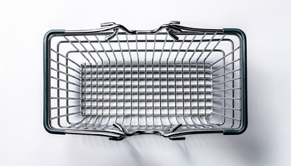 empty metal shopping basket overhead view isolated on white background