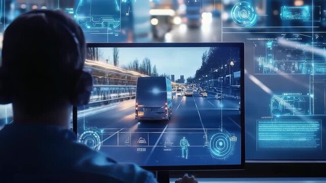 Autonomous vehicle monitoring system with futuristic interface displaying traffic data and digital overlays for advanced vehicle control and analysis - Powered by Adobe