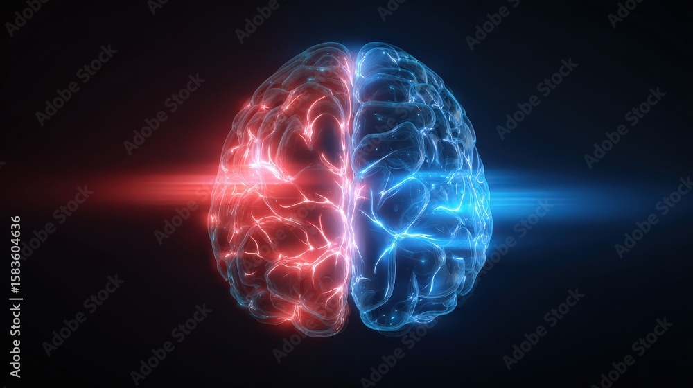Poster digital illustration of a human brain split into red and blue halves, symbolizing neural activity an
