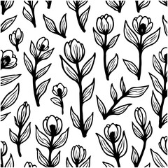 Elegant floral pattern with tulips and leaves in black and white monochrome