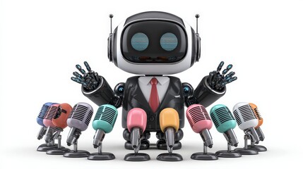 Naklejka premium A robot in a business suit stands behind multiple colorful microphones, ready to address an audience or deliver a speech.