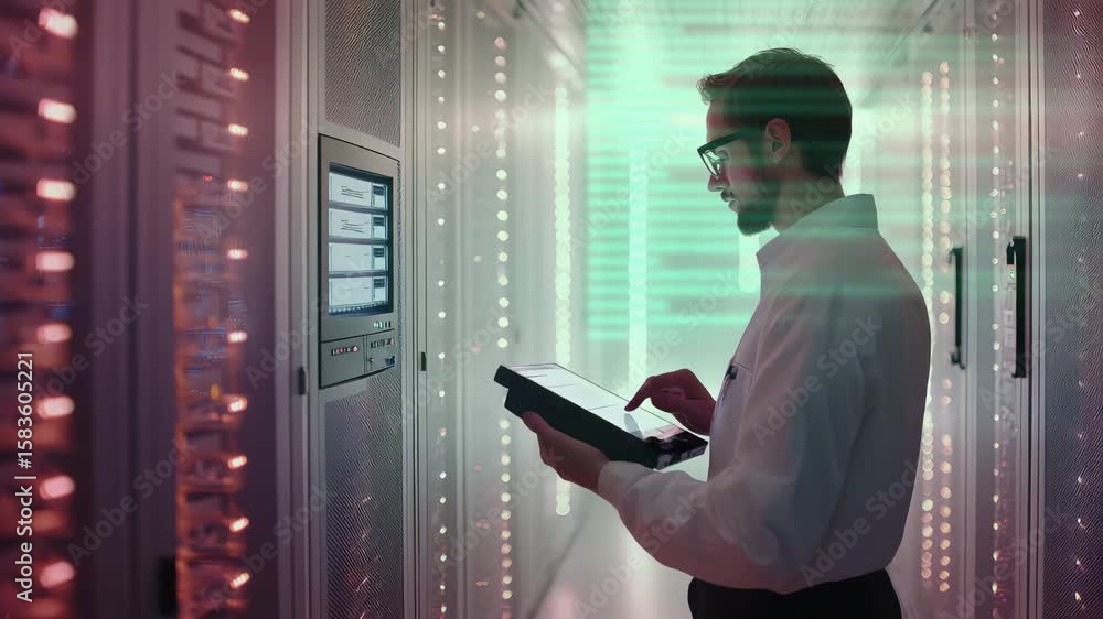Poster man using tablet server room with glowing lights and data rack, focused digital technology, network,