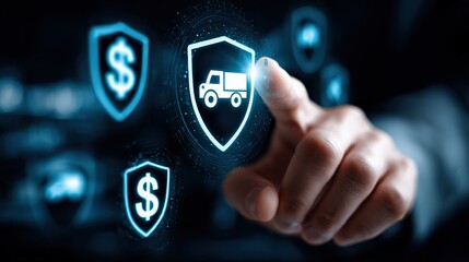 A hand interacts with a digital interface displaying icons of shields with a truck and dollar signs, symbolizing logistics, security, and financial protection.